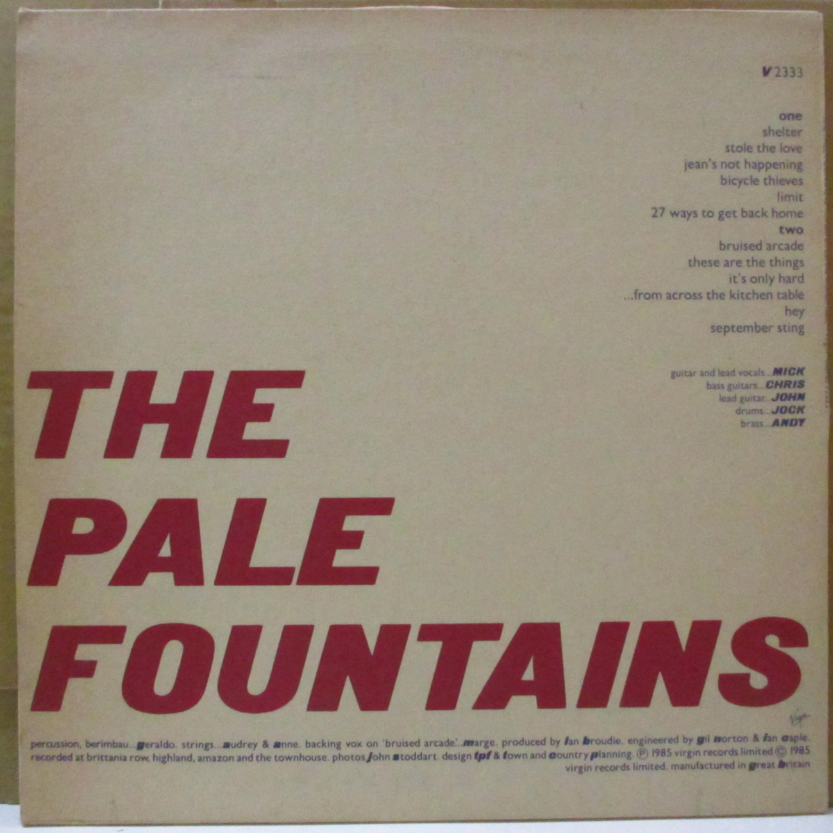 PALE FOUNTAINS, THE (ペイル・ファウンテンズ) - ...From Across The Kitchen Table (UK オリジナル LP+ソフト紙インナー/折り返し無しざら紙ジャケ) '85年2ndアルバム