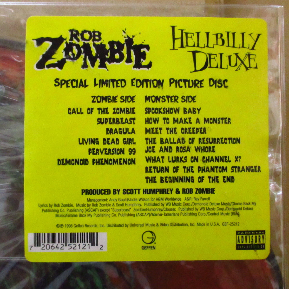 ROB ZOMBIE (ロブ・ゾンビ) - Hellbilly Deluxe (US 限定「ピクチャーディスク」 LP+レアステッカー付きPVC) '98年1stソロアルバム