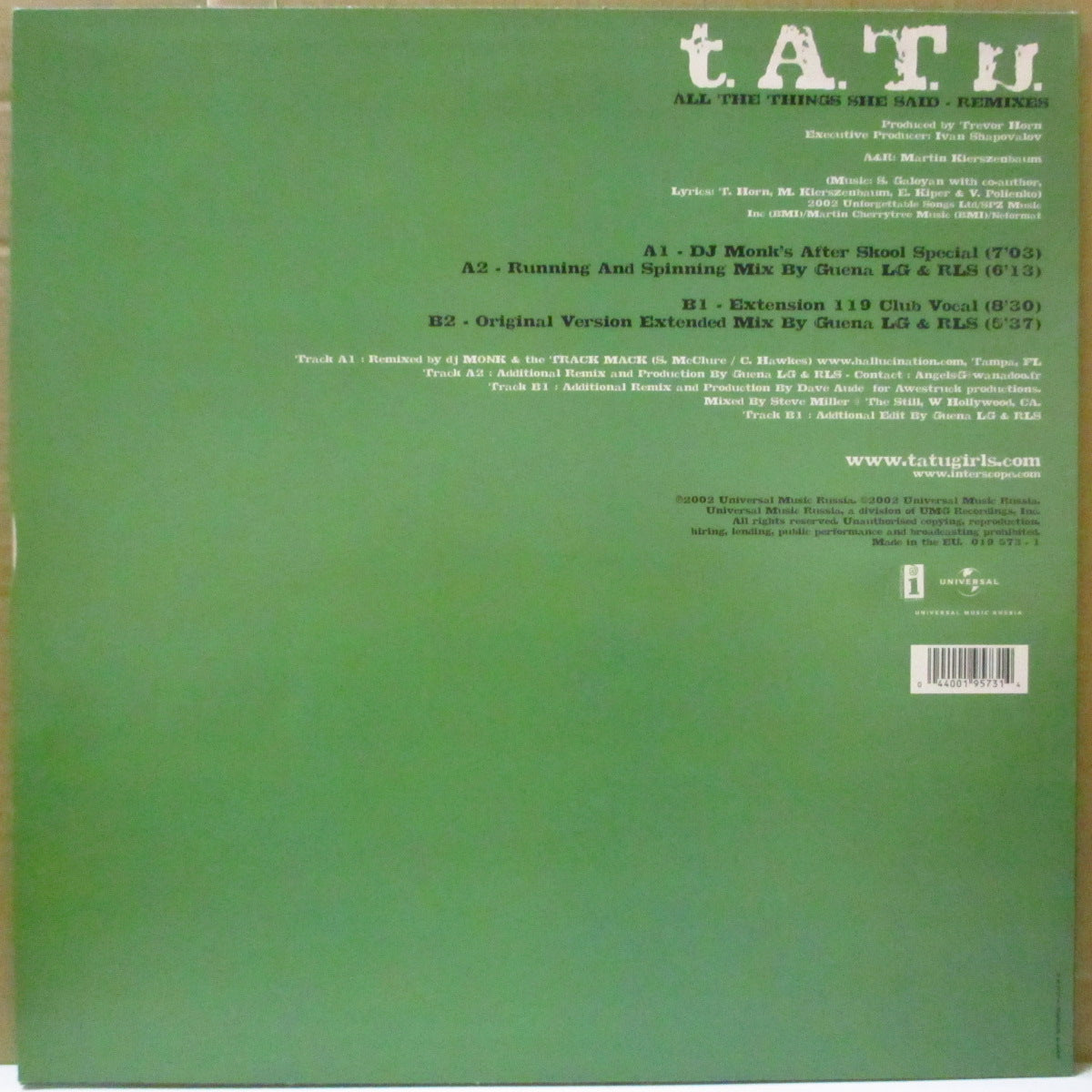 t.A.T.u. (タトゥー) - All The Thing She Said - Remixed (EU オリジナル4バージョン 12インチ) '02年リミックスシングル