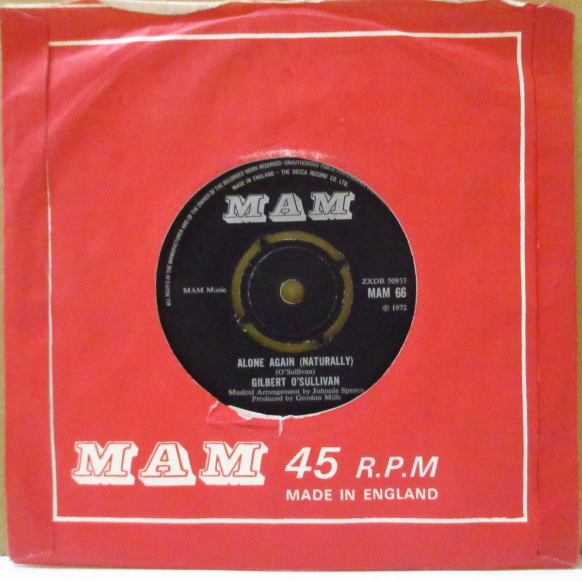 GILBERT O' SULLIVAN (ギルヴァート・オサリヴァン) - Alone Again - Naturally (UK '72 オリジナル 7インチ+カンパニースリーブ)