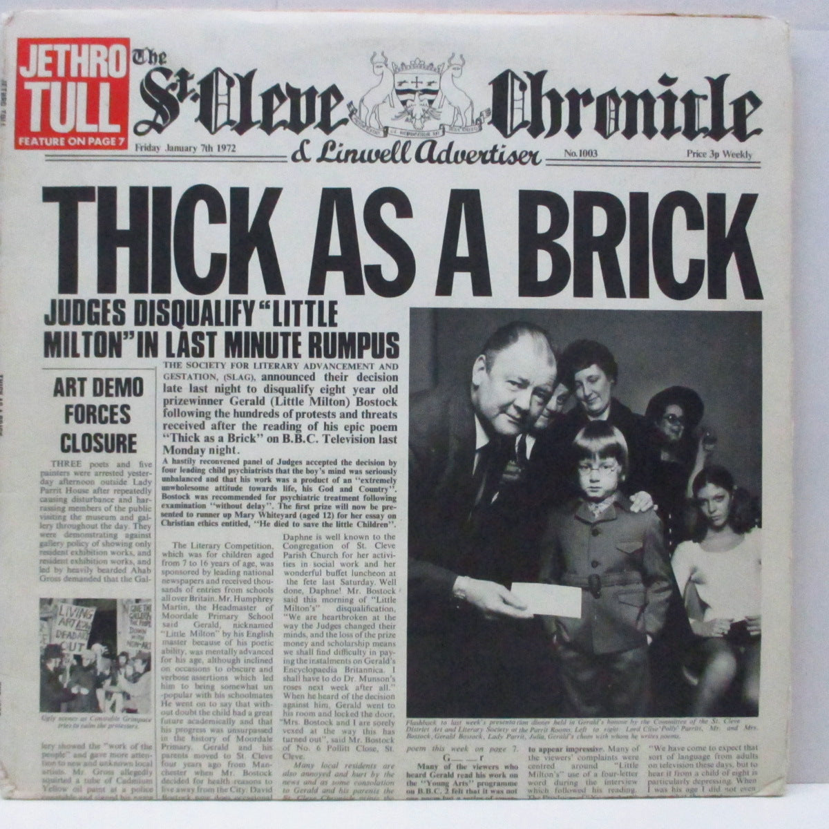 JETHRO TULL (ジェスロ・タル) - Thick As A Brick (UK オリジナル「iロゴ有リム」LP/新聞付きザラ紙見開ジャケ)初回マト「A-3U PORKY / B-2U PECKO」!