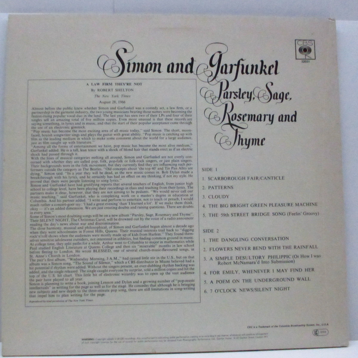 SIMON & GARFUNKEL (サイモン & ガーファンクル) - Parsley,Sage, Rosemary & Thyme (UK 80's 再発「オレンジ/イエローラベ」LP/バーコード無「光沢ジャケ」S CBS 32031)