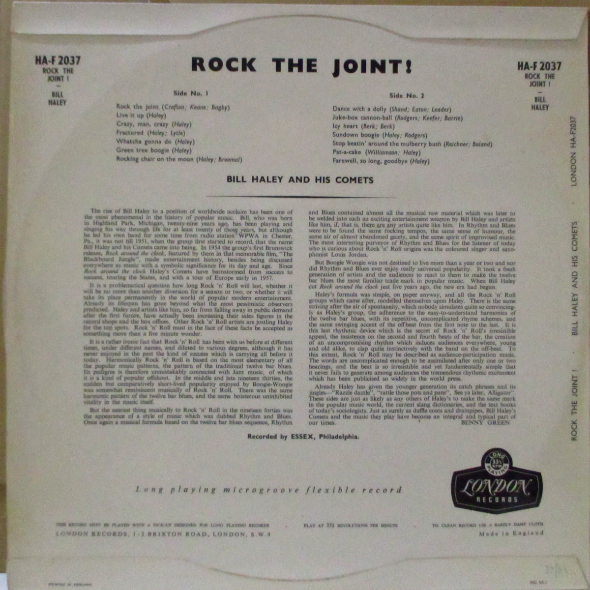 BILL HALEY & HIS COMETS (ビル・ヘイリー&ヒズ・コメッツ) - Rock The Joint (UK '57 初回オリジナル・モノラル LP/両面コーティング折り返しジャケ)英国独自編集米エセックス社期コンピ14曲入り