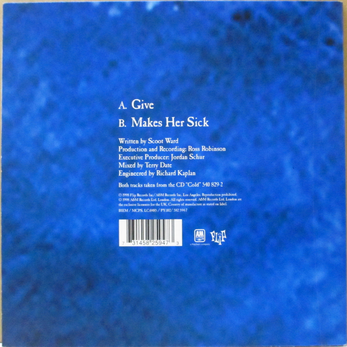 COLD (コールド) - Give (UK '98 オリジナル「黒盤」 7インチ+レアステッカー付き光沢固紙ジャケ, 固紙インナー)