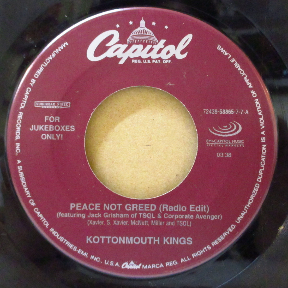 KOTTONMOUTH KINGS (コットンマウス・キングス) - Peace Not Greed (US '00 オリジナル「ジュークボックス」 7インチ)