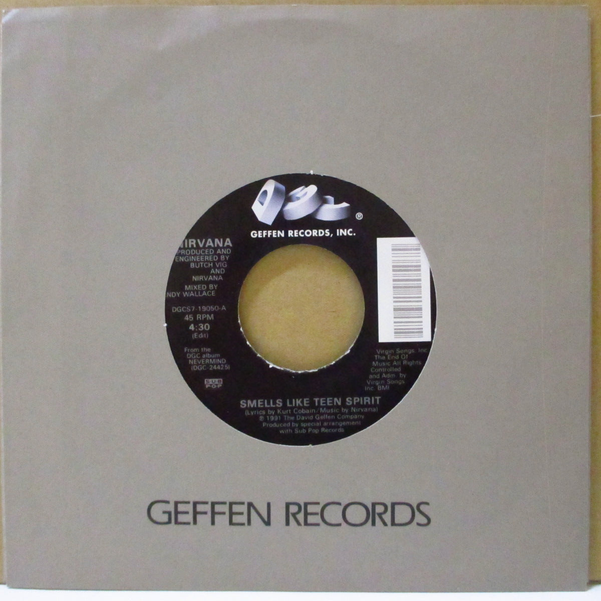 NIRVANA (ニルヴァーナ) - Smells Like Teen Spirit (US '91 オリジナル「GEFFEN RECORDS, INC表記ラベ」 7インチ+ダイカットスリーブ)