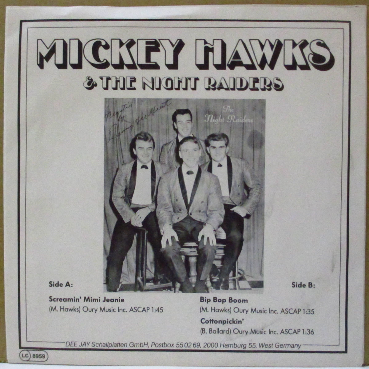 MICKEY HAWKS & THE NIGHT RAIDERS (ミッキー・ホークス & ザ・ナイトレイダーズ) - Screamin' Mimi Jeanie +2 (ドイツ'80年代ジャケ付3曲入り再発7インチ EP)爆裂R&Rジャイバー名曲!