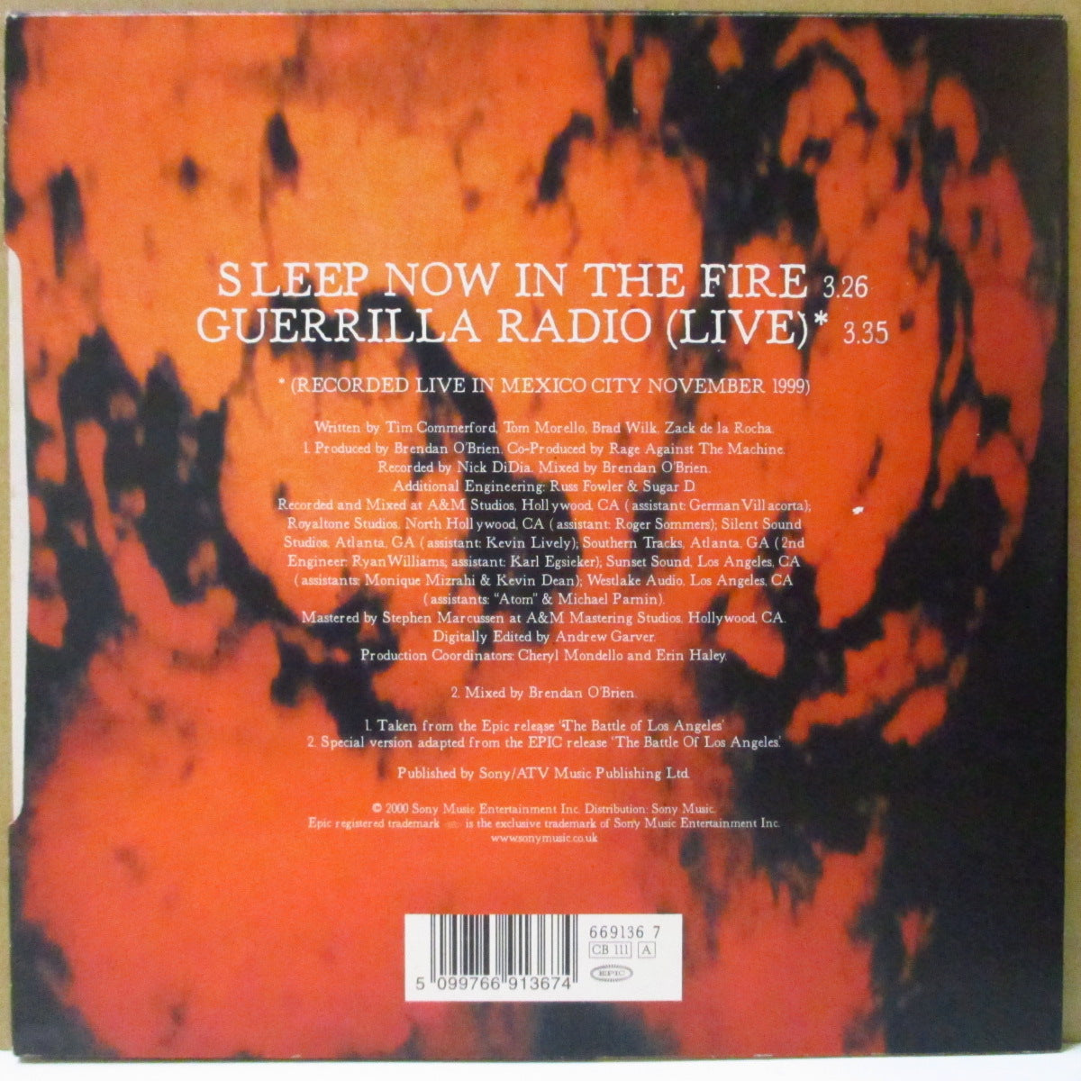 RAGE AGAINST THE MACHINE (レイジ・アゲインスト・ザ・マシーン) - Sleep Now In The Fire (UK '00 限定「レッドヴァイナル」7インチ+レアステッカー付きナンバリング入り光沢固紙ジャケ)