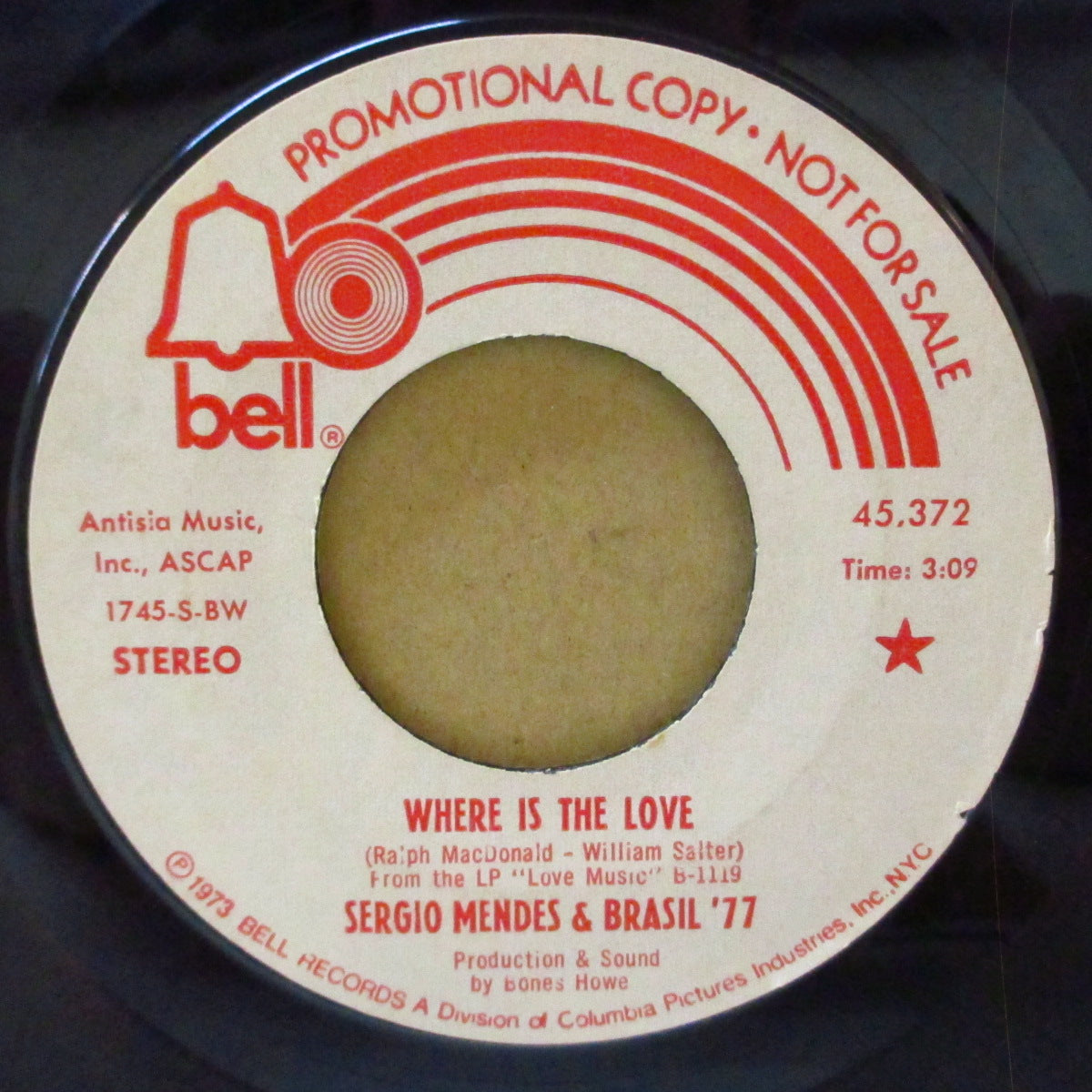 SERGIO MENDES & BRASIL '77 (セルジオ・メンデス&ブラジル'77) - Where Is The Love (USプロモ両面同曲7インチ)ロバータ・フラック&ダニー・ハサウェイ'72年デュオ名曲の軽快清涼ボサノヴァ・カバー!