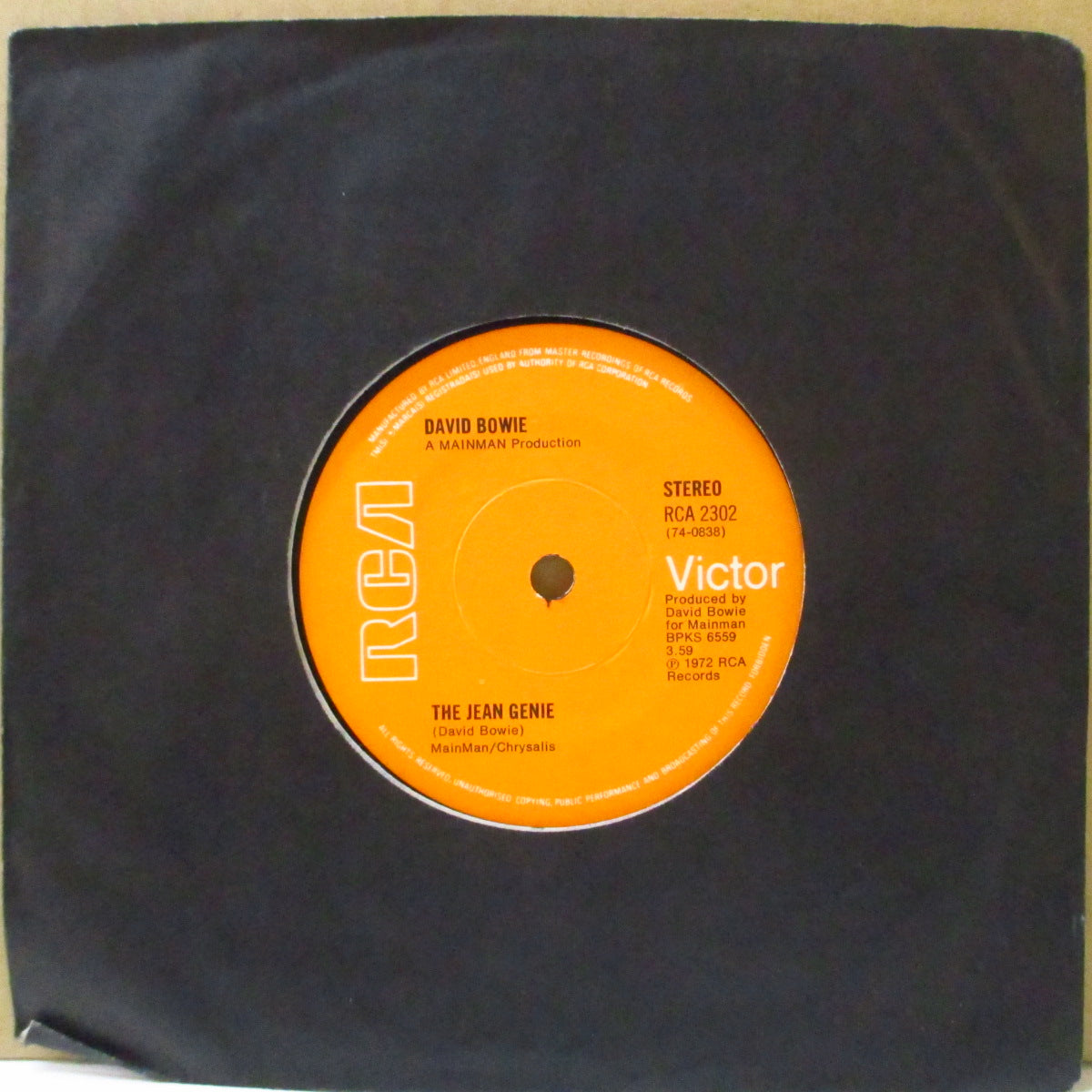 DAVID BOWIE (デヴィッド・ボウイ) - The Jean Genie (UK '73 2ndプレス「MainMan/Chrysalis 出版ラベ・フラットセンター」7インチ+ダイカット黒スリーブ)