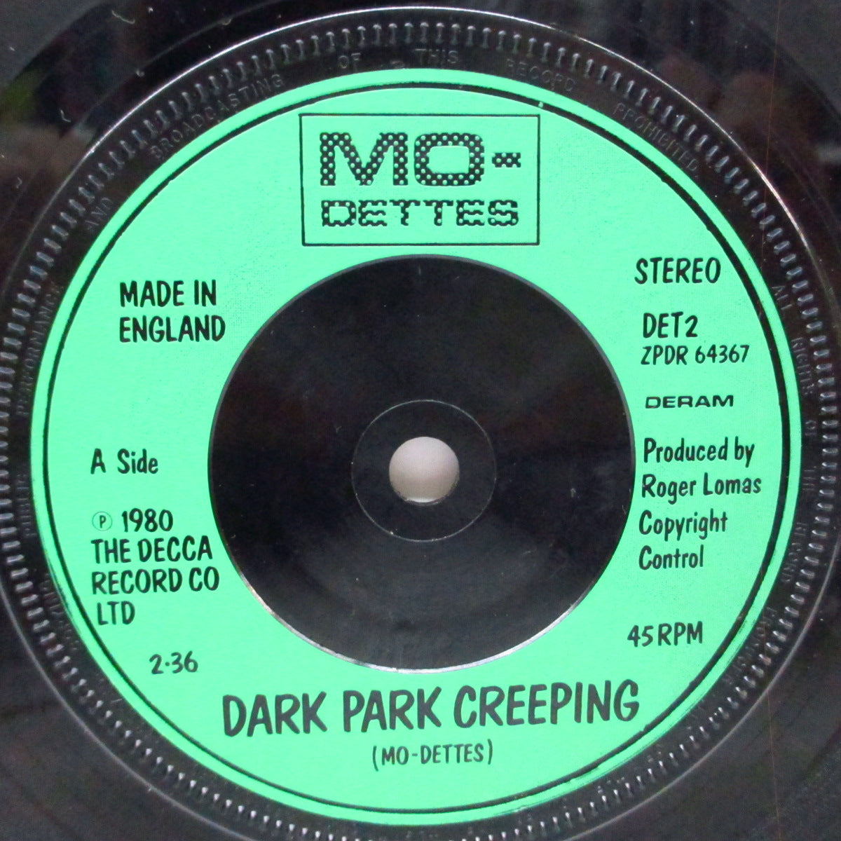 MO-DETTES (モ・デッツ) - Dark Park Creeping (UK オリジナル 7"/光沢ソフト紙折り返しジャケ付) バックが緑のバージョン!