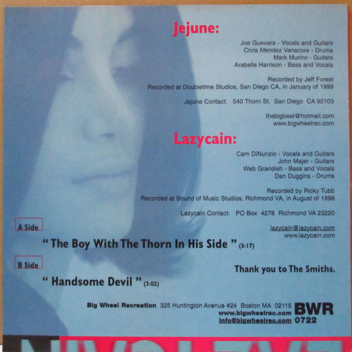 JEJUNE / LAZYCAIN (ジェジューン / レイジーケイン) - The Boy With The Thorn In His Side / Handsome Devil (US '99 限定スプリット「ホワイトヴァイナル」 7インチ+光沢固紙ジャケ)