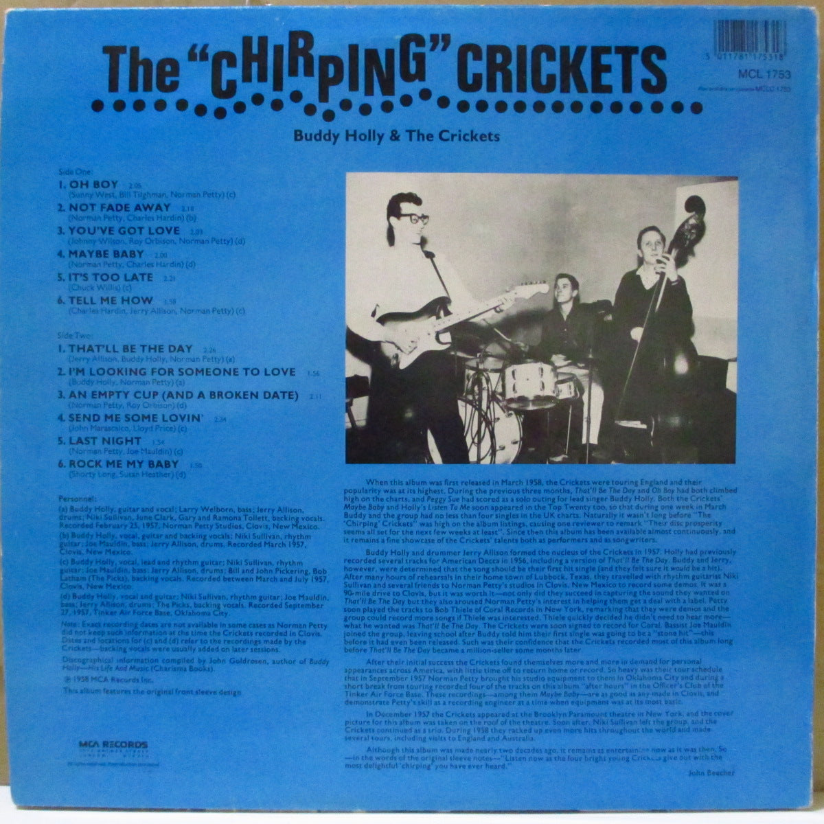 BUDDY HOLLY (THE CRICKETS) (バディ・ホリー & ザ・クリケッツ) - The Chirping Crickets (UK 80's 再発「モノラル」LP/バーコード・ジャケ)クリケッツ名義'57年デビュー・アルバム