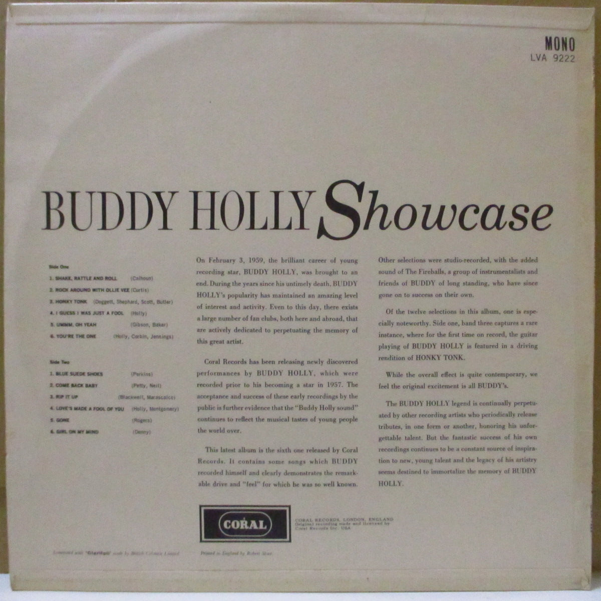 BUDDY HOLLY (バディ・ホリー) - Showcase (UK '64 初回オリジナル・モノラル LP/表面コーティング「折り返し」ジャケ) 死後4枚目の追悼コンピ!