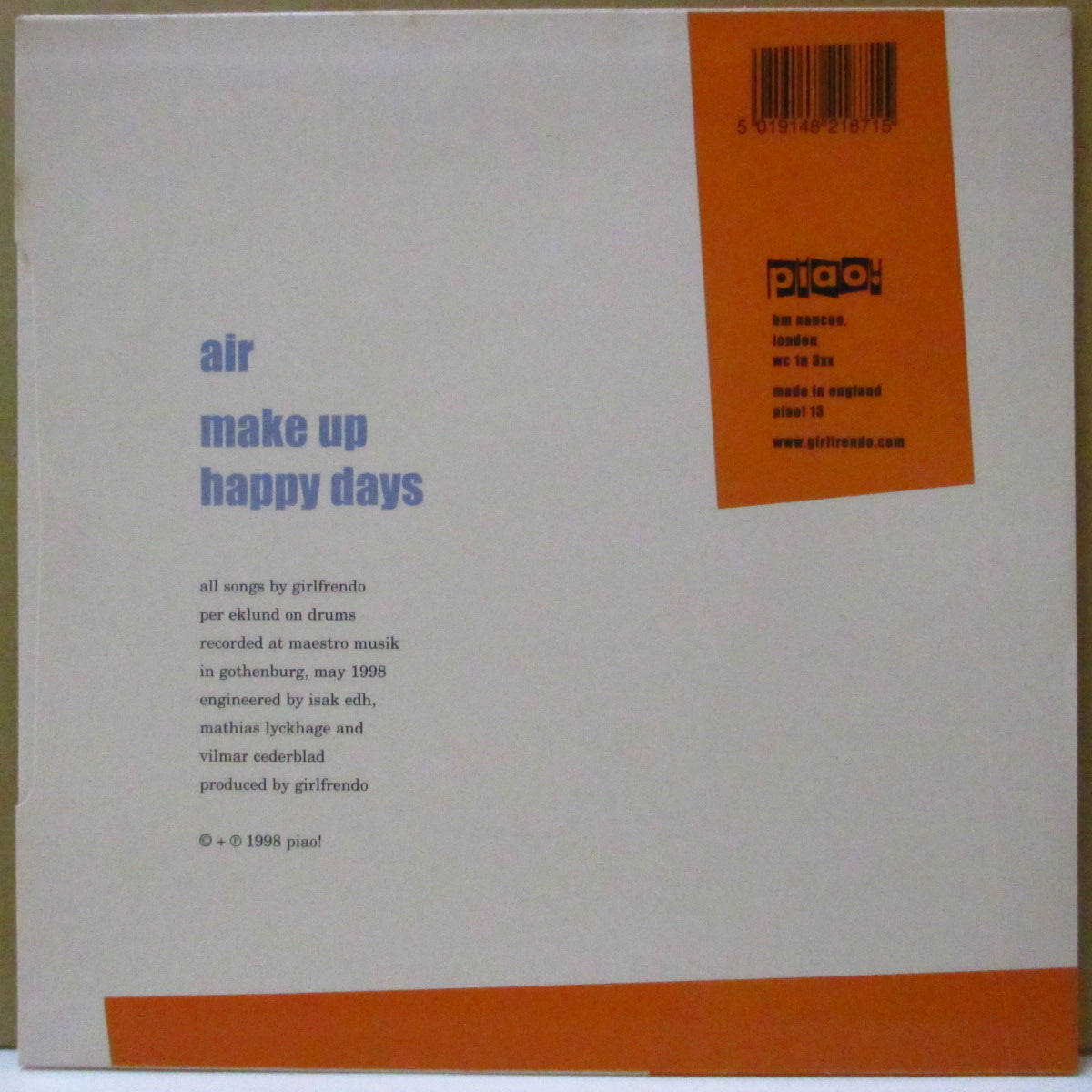 GIRLFRENDO (ガールフレンド) - Air +2 (UK '98 オリジナル3曲入り 7インチ+光沢固紙ジャケ)