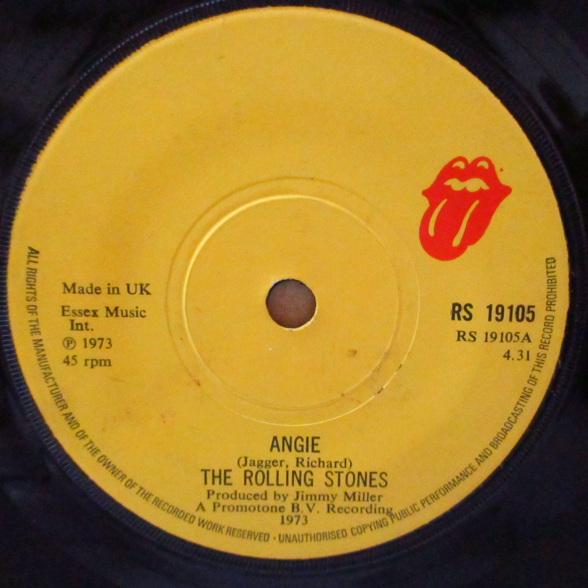 ROLLING STONES (ローリング・ストーンズ) - Angie (UK '73 オリジナル「黄色紙ラベ・フラットセンター」 7インチ+ベロ出しカンパニースリーブ)