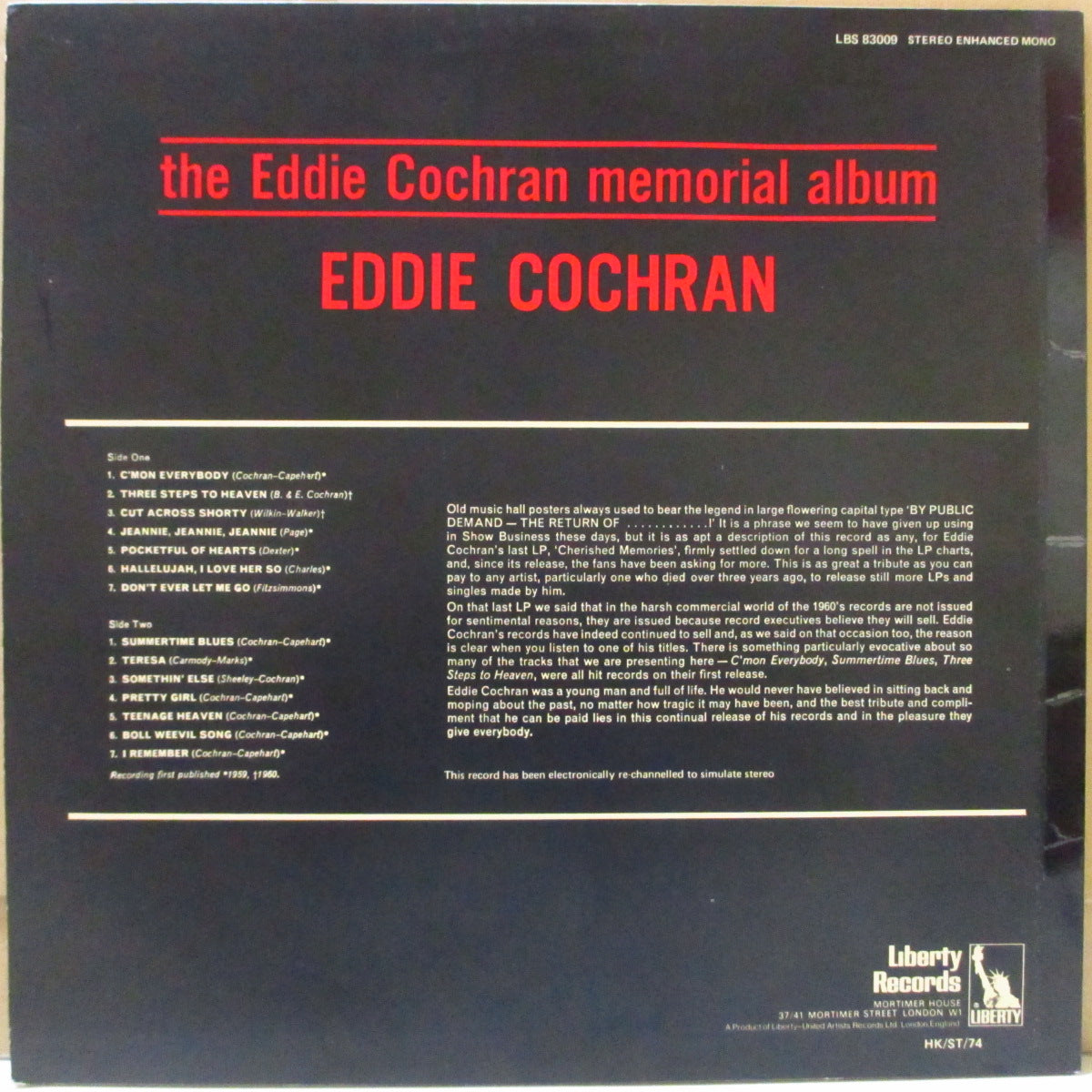 EDDIE COCHRAN (エディ・コクラン) - The Eddie Cochran Memorial Album (UK '70 再発「黒&レインボー・ラベ ver」疑似ステレオ LP/表面コーティング・ジャケ) 近年稀な美品