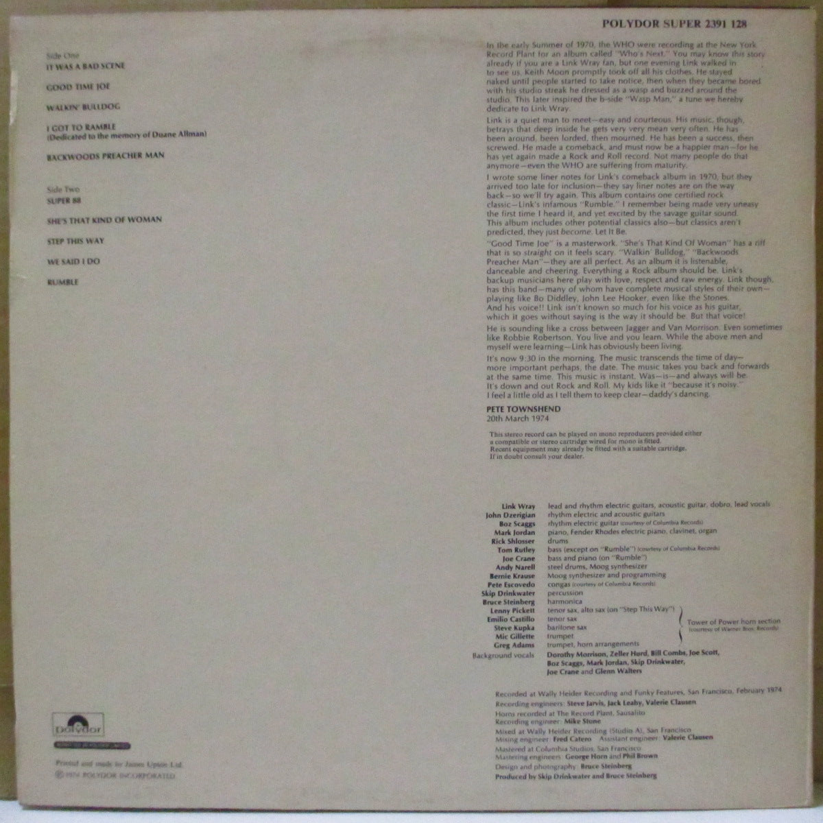 LINK WRAY (リンク・レイ) - The Link Wray Rumble (UK '74 オリジナル・ステレオ LP)ロックンロール・スタイルの原点回帰的名作!