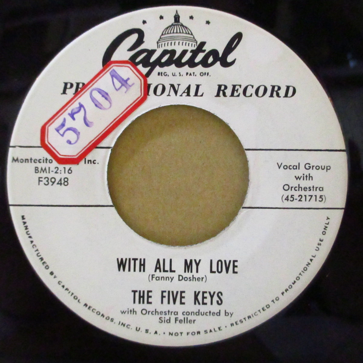 FIVE KEYS (ファイブ・キーズ) - You're For Me / With All My Love (US '58 プロモ・白ラベ7インチ)ドゥワップ・ジャイヴァー!