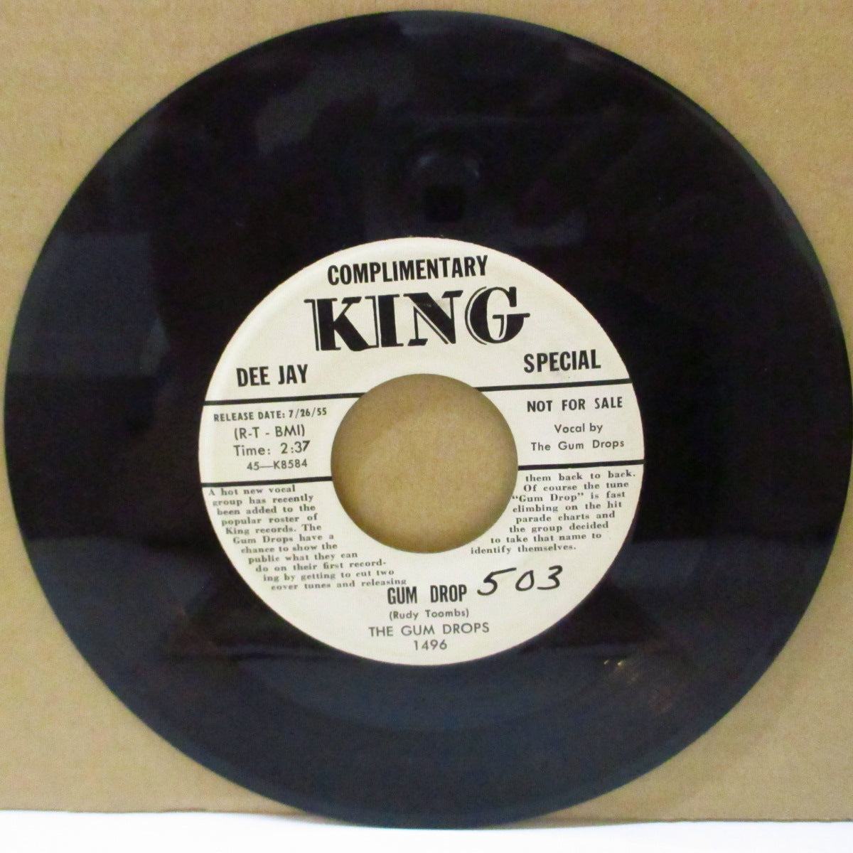 GUM DROPS, THE (ザ・ガムドロップス) - Gum Drop (US '55 プロモ・白ラベ 7インチ)マイルド・ドゥワップ・ジャイヴァーカヴァ!