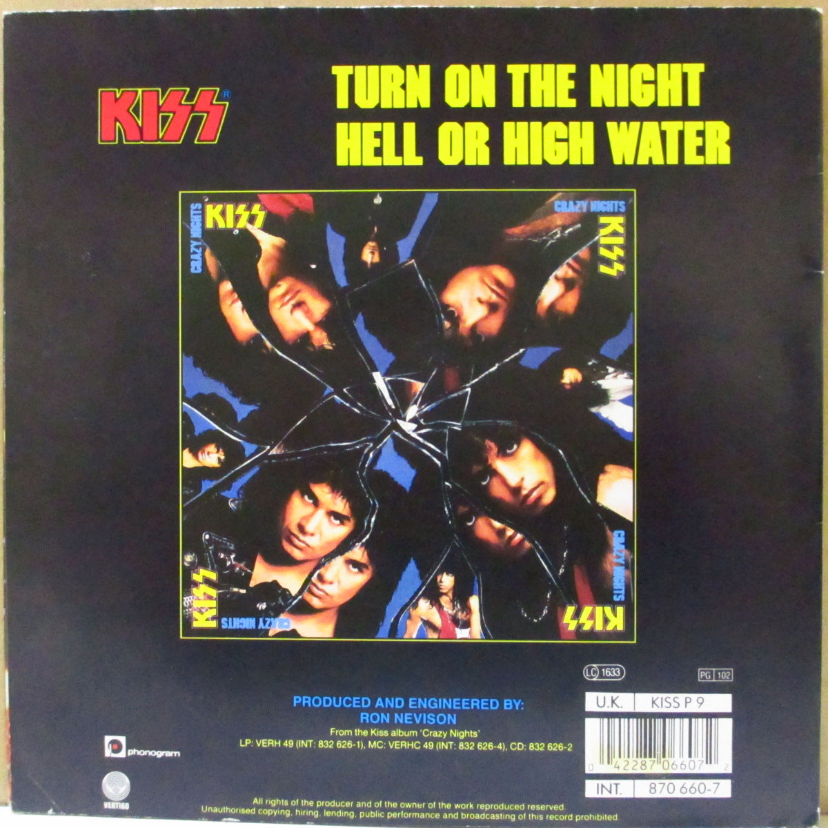 KISS (キッス) - Turn On The Night (UK '87 限定 7インチ+光沢固紙折り返しジャケ, ポスタースリーブ)