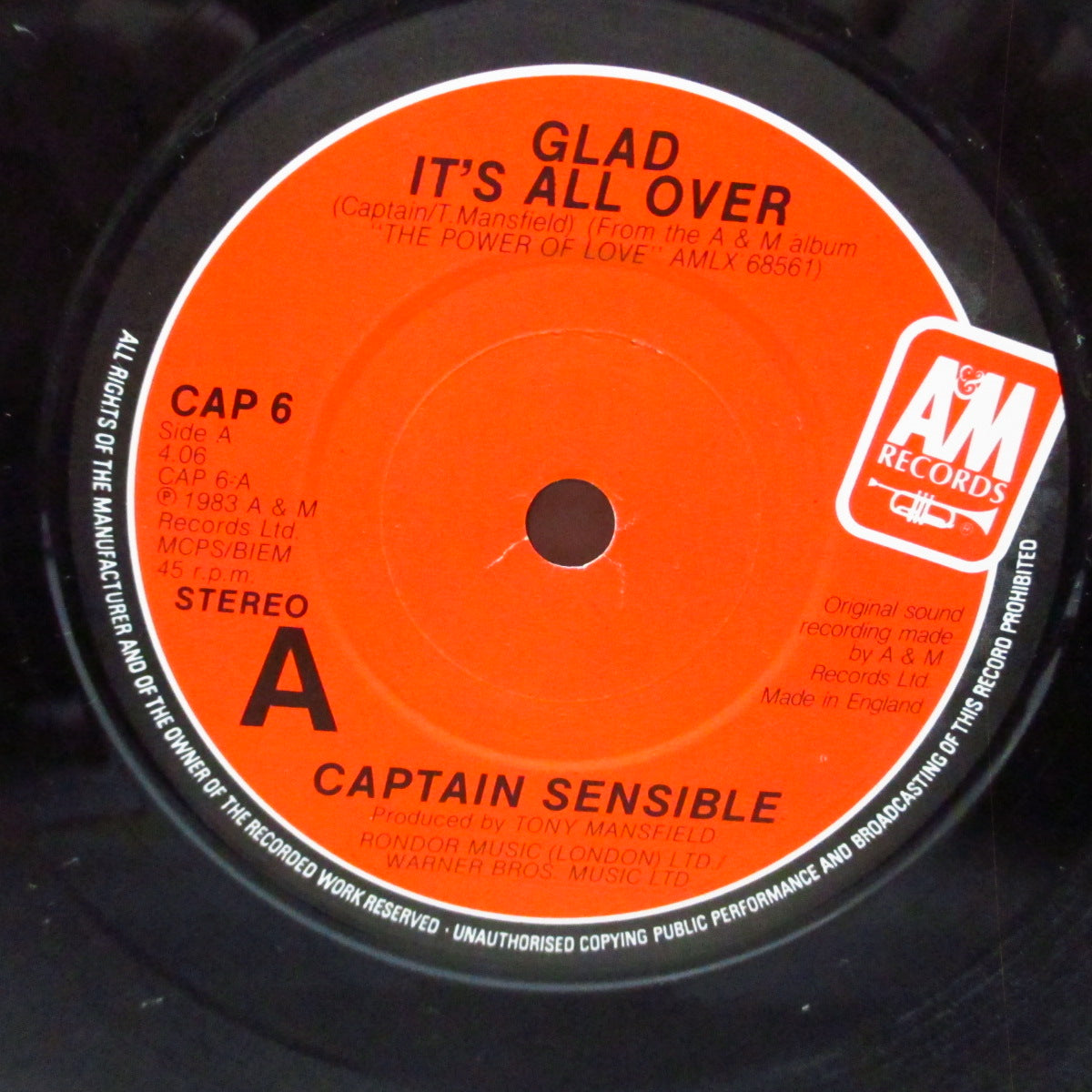 CAPTAIN SENSIBLE (キャプテン・センシブル) - Glad It's All Over (UK オリジナル 7"/光沢ソフト紙ジャケ) B面はアルバム未収録のダムド・メドレー !