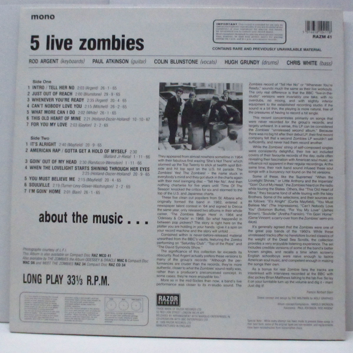 ZOMBIES (ゾンビーズ) - 5 Live Zombies - The BBC Sessions 1965-1967 (UK オリジナル「モノラル」LP)