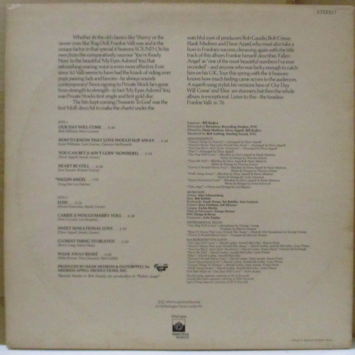 FRANKIE VALLI (フランキー・ヴァリ) - Fallen Angel (UK '76 オリジナル LP)米盤「Our Day Will Come」の英改題作。ディスコポップ、ノーザン・クロスオーバー満載!