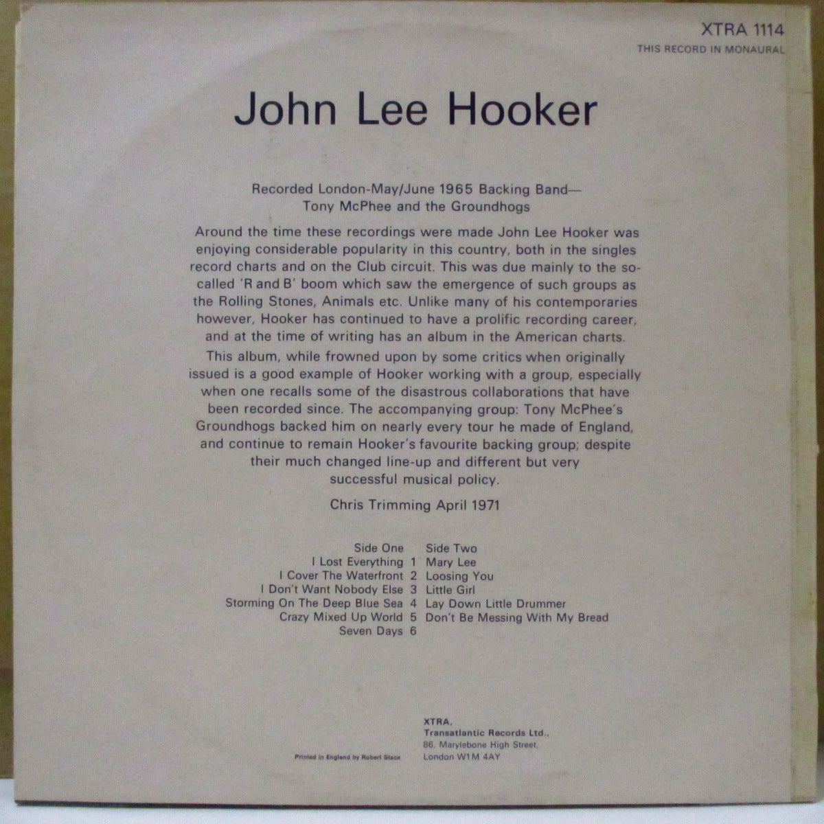 JOHN LEE HOOKER (ジョン・リー・フッカー) - John Lee Hooker (UK '71 再発モノラル LP/表面コーティング・ジャケ)「グラウンドホッグス」共演、'66年「 ... And Seven Nights」の英別題初回再発。