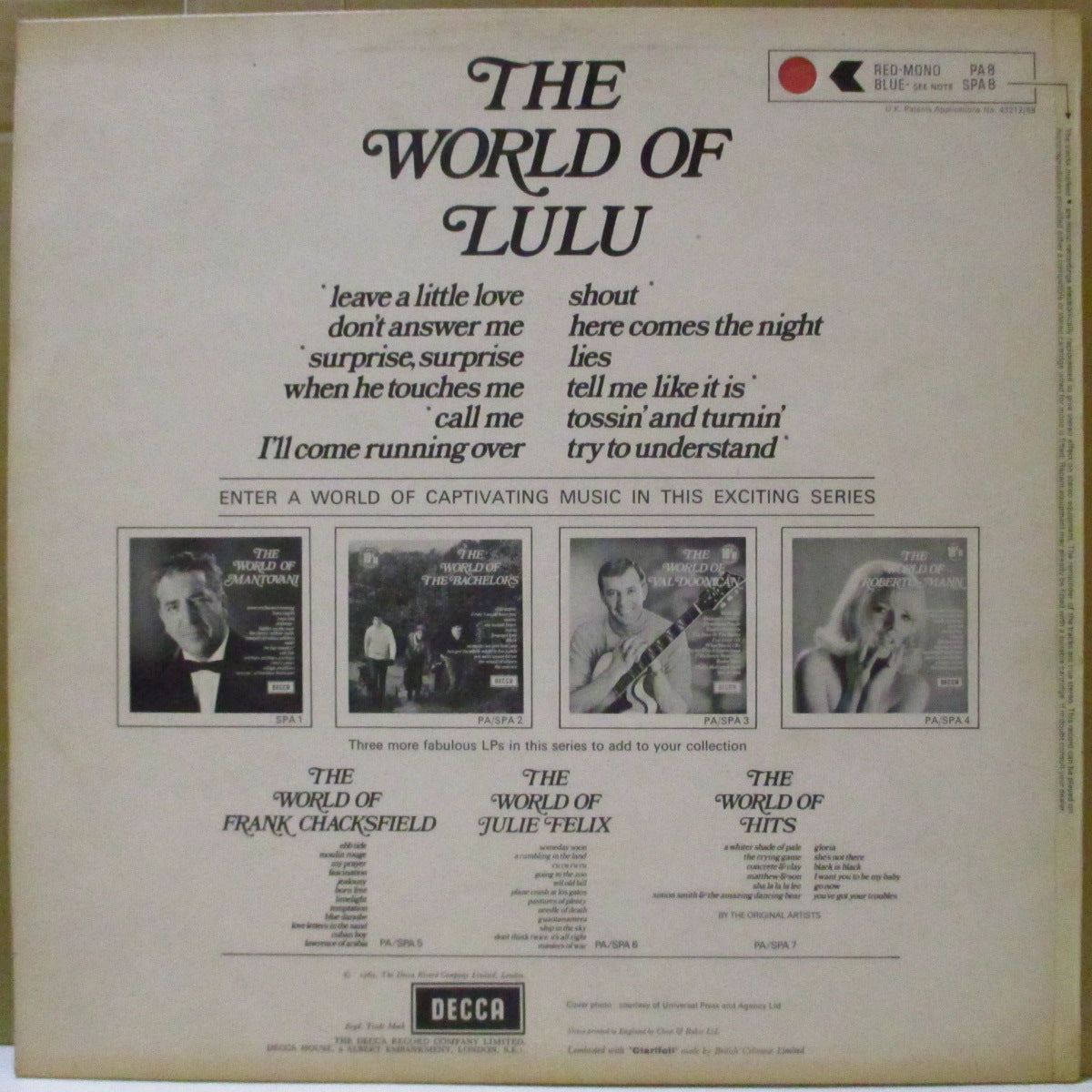 LULU (ルル) - The World Of Lulu (UK '69 オリジナル・モノラル LP+モノラル・インナー/両面コーティング・ジャケ) 69年ベスト・コンピ!