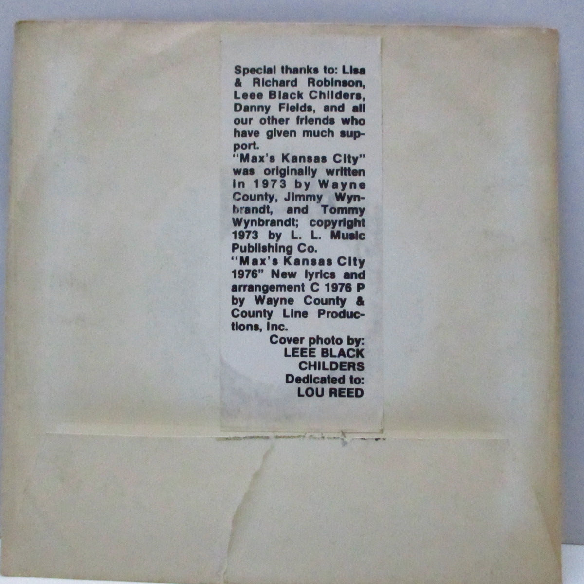 WAYNE COUNTY & The Backstreet Boys (ウェイン・カウンティ & ザ・バックストリート・ボーイズ) - Max's Kansas City (US オリジナル 7"/封筒型ジャケ)同曲2バージョン収録 !