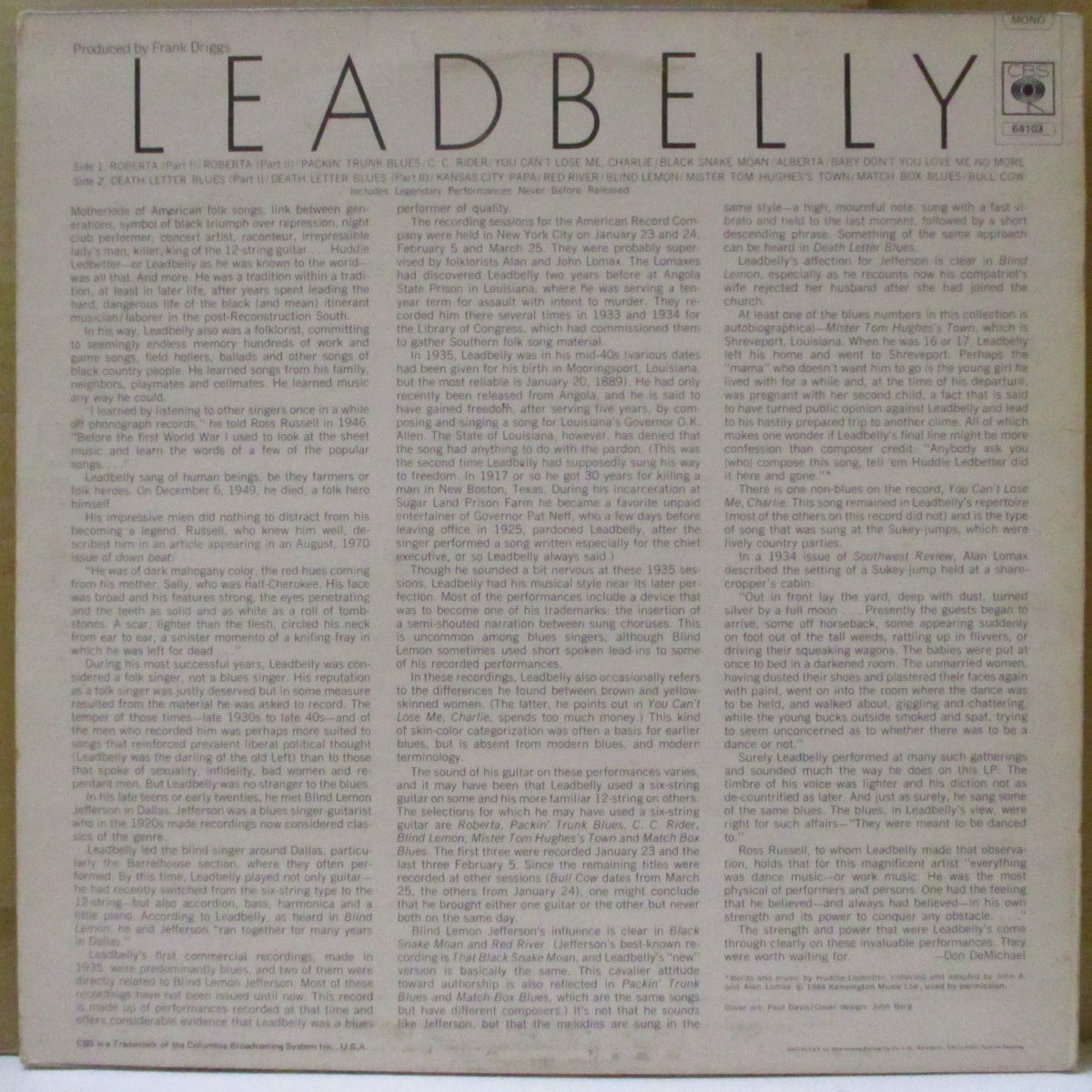 LEADBELLY (レッドベリー) - Leadbelly : Includes Legendary Performances Never Before Released (UK '70 オリジナル・モノラル LP)当時未発表のレア音源集全16曲収録。