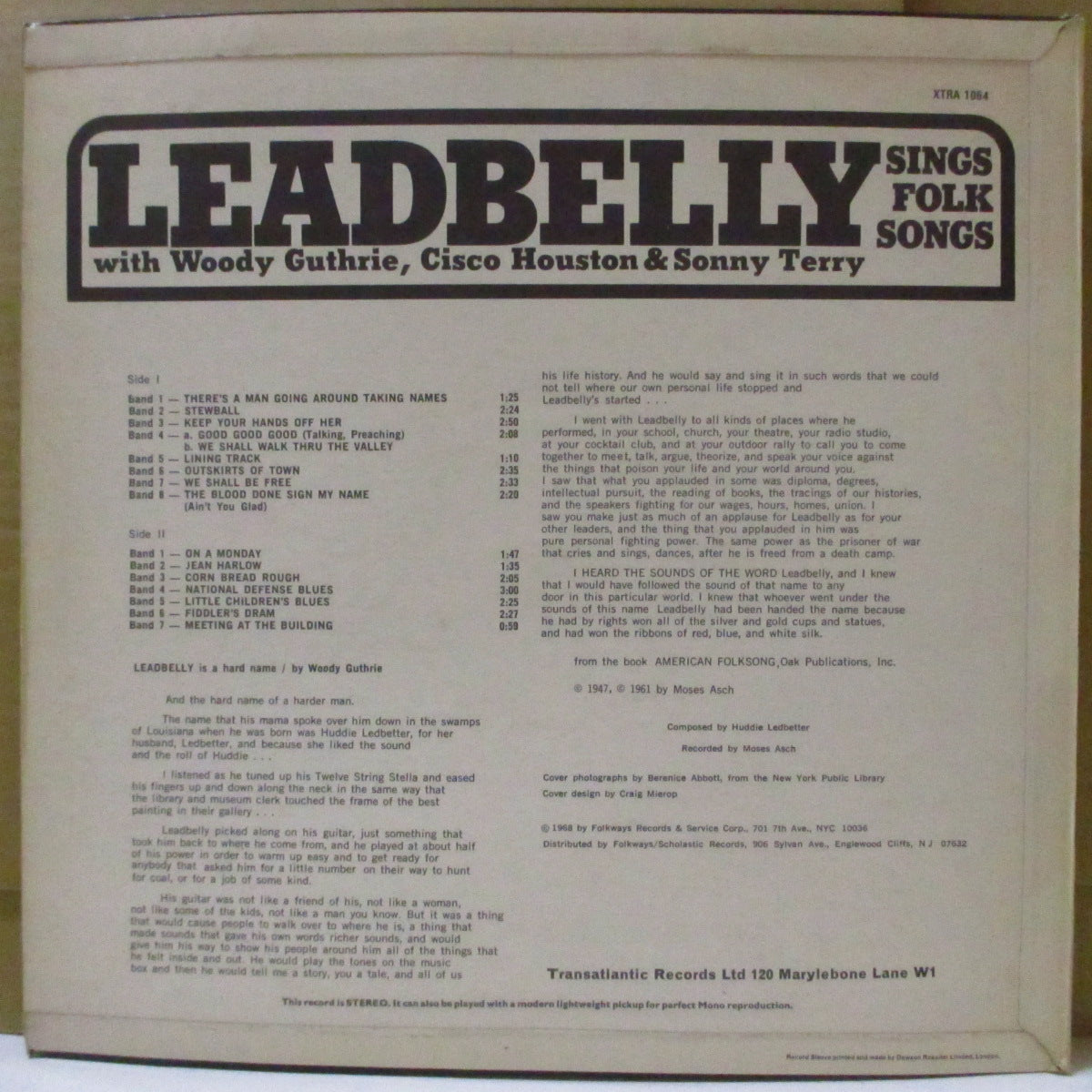 LEADBELLY (レッドベリー) - Sings Folk Songs (UK '68 再発 擬似ステレオ LP)'40年代録音16曲、英別ジャケ再発。近年稀な美品