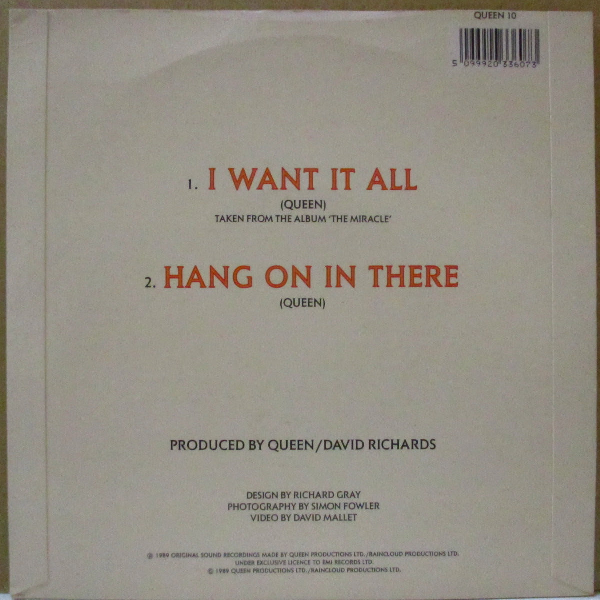 QUEEN (クイーン) - I Want It All (UK '89 オリジナル「白紙ラベ・フラットセンター」 7インチ+光沢固紙ジャケ)