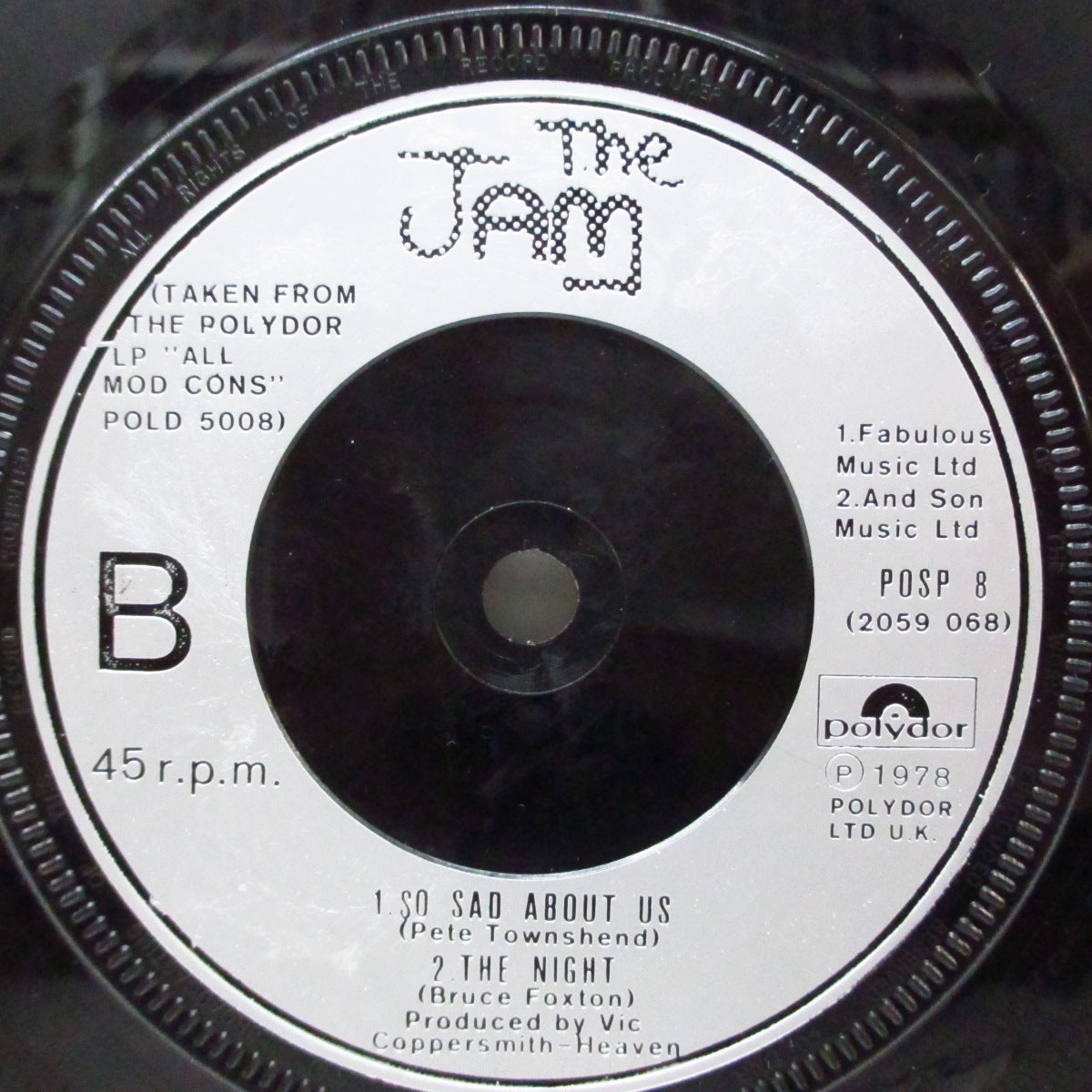 JAM, THE (ザ・ジャム) - Down in the Tube Station at Midnight +2 (UK オリジナル「銀プララベ」フラットセンター 7"/光沢固紙折り返ジャケ) レア「ミスプリント」Ver !