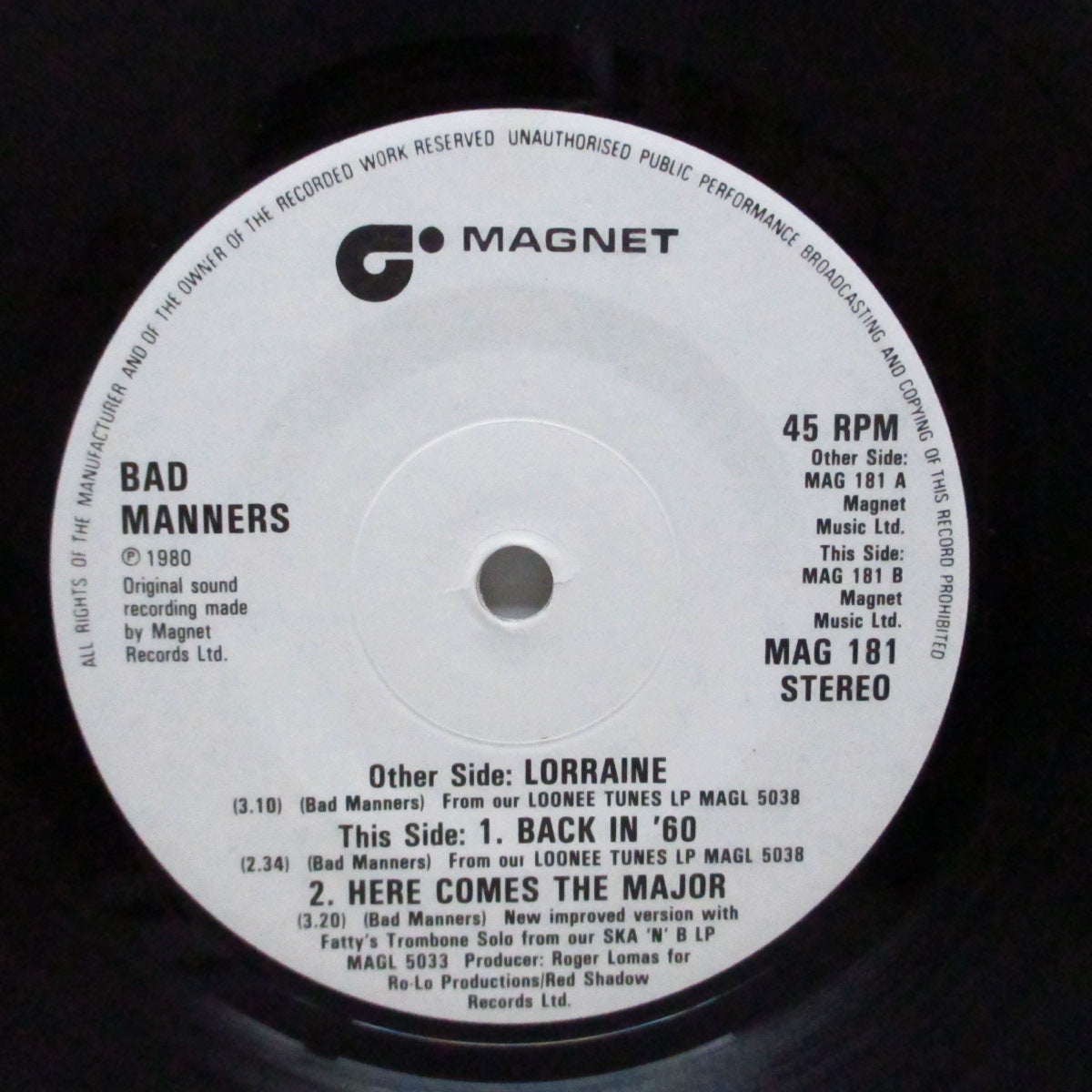 BAD MANNERS (バッド・マナーズ) - Lorraine (UK オリジナル「フラットセンター#2」7"+光沢ソフト紙ジャケ)