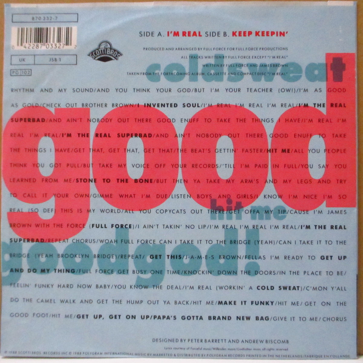 JAMES BROWN with FULL FORCE (ジェームス・ブラウン と フル・フォース) - I'm Real (オランダ '88 オリジナル ジャケ付き7インチ)御大55歳時コラボ名曲!