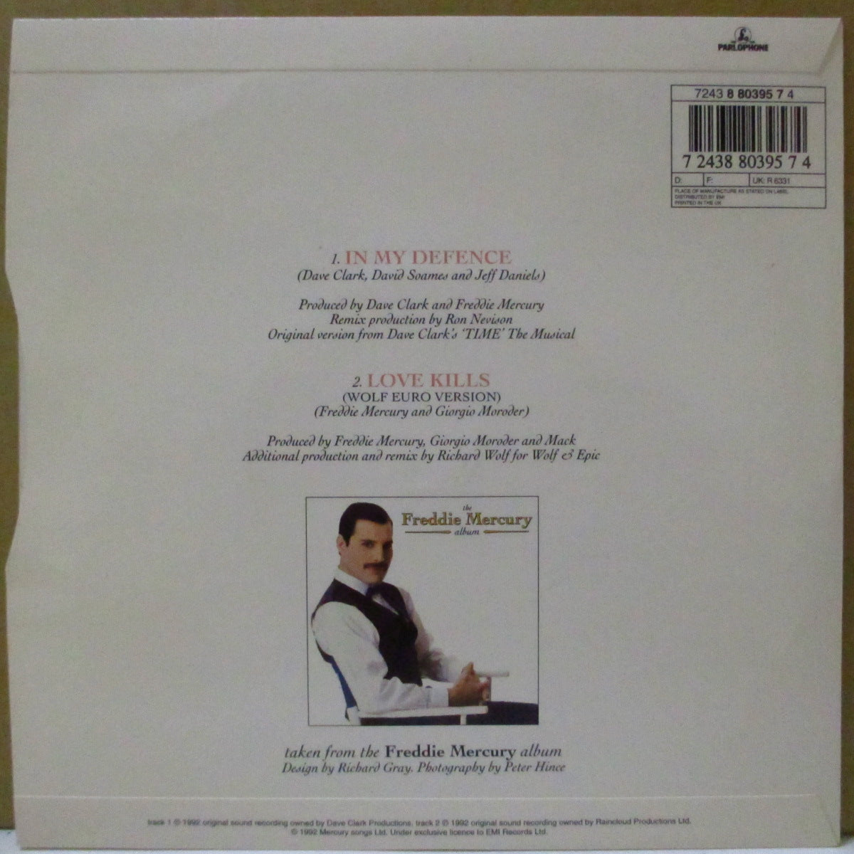 FREDDIE MERCURY (フレディ・マーキュリー) - In My Defence (UK '92 オリジナル「銀プラスチックラベ・フラットセンター」 7インチ+光沢固紙ジャケ)
