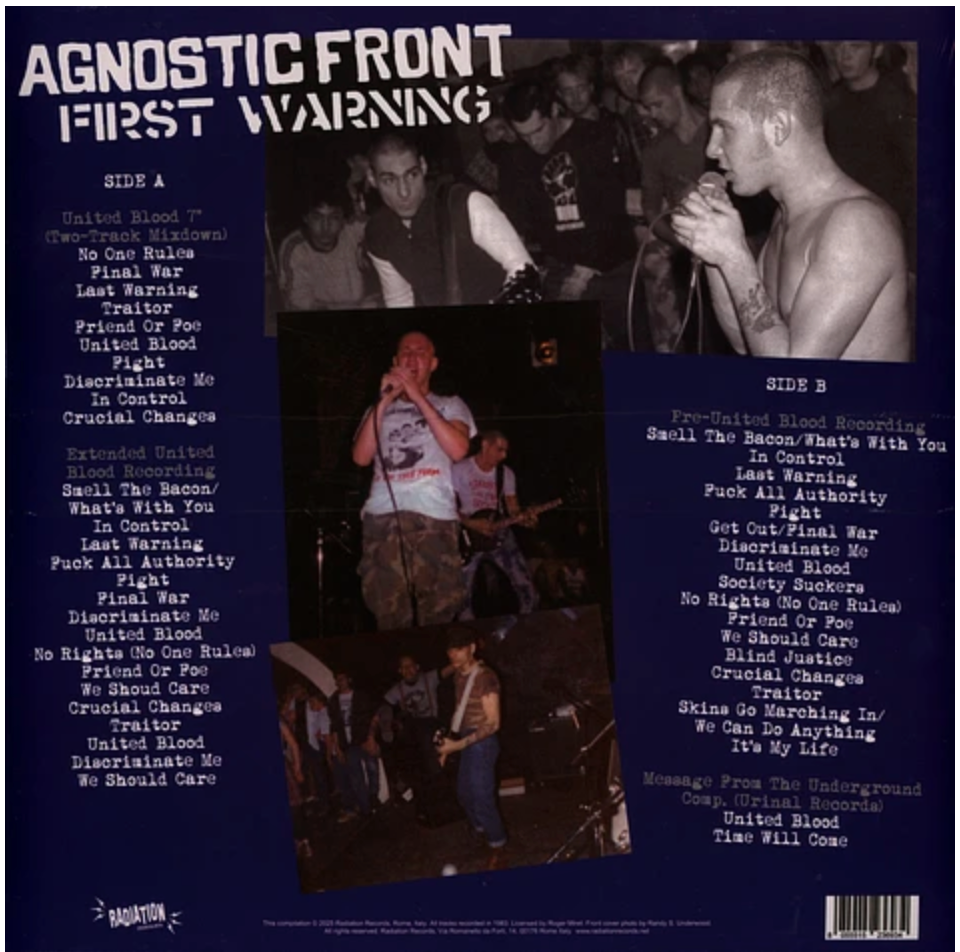 AGNOSTIC FRONT (アグノスティック・フロント) - First Warning - The 'United Blood' Era Recordings, New York City, 1983 (Italy 250枚限定再発ナンバリング入り「スプラッターヴァイナル」LP/ New) 怒涛の全47曲 !