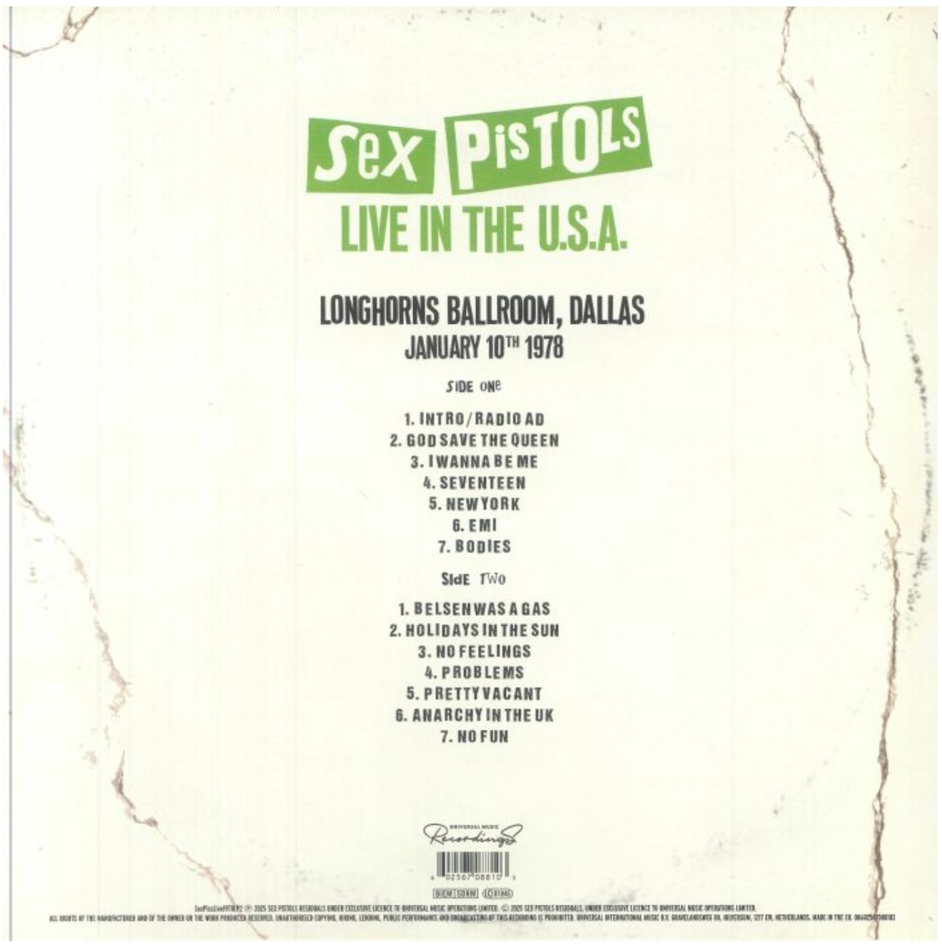 SEX PISTOLS (セックス・ピストルズ) - Live in the USA 1978 – Dallas (EU 限定プレス「ホワイトヴァイナル」LP/ New)全米ツアー3公演作「第二弾」!