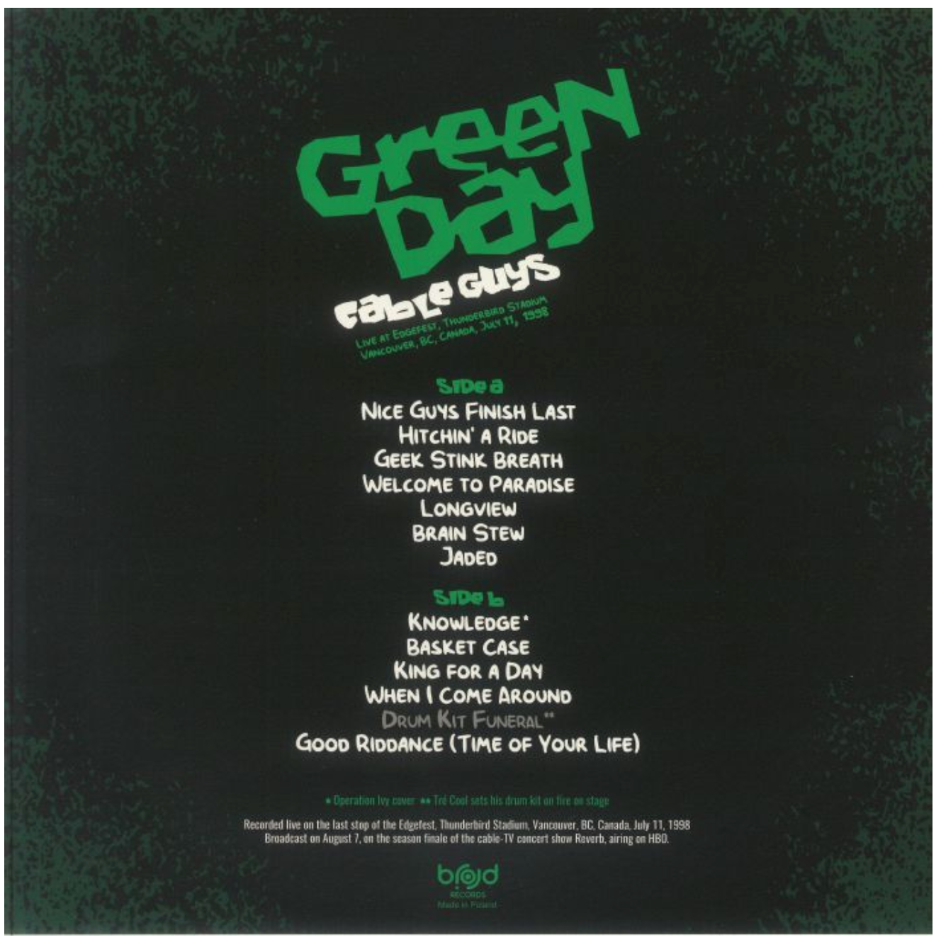 GREEN DAY (グリーン・デイ) - Cable Guys: Live At Edgefest Thunderbird Stadium Vancouver BC Canada July 11 1998 (Poland 限定プレス LP/ New) ブロードキャスト音源!