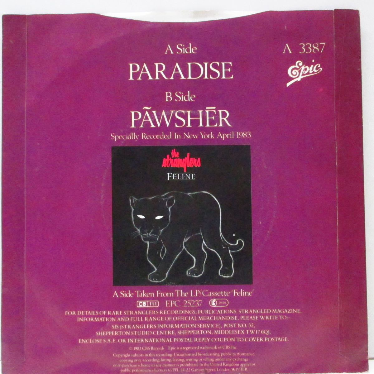 STRANGLERS, THE (ストラングラーズ ) - Paradise / Pawsher (UK オリジナル 7"/光沢ソフト紙折り返しジャケ) 紙ラベ Ver !