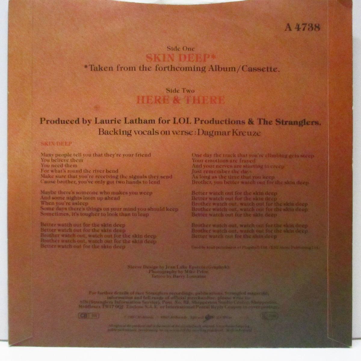 STRANGLERS, THE (ストラングラーズ ) - Skin Deep (UK オリジナル 7"/光沢ソフト紙折り返しジャケ) B面アルバム未収録 !