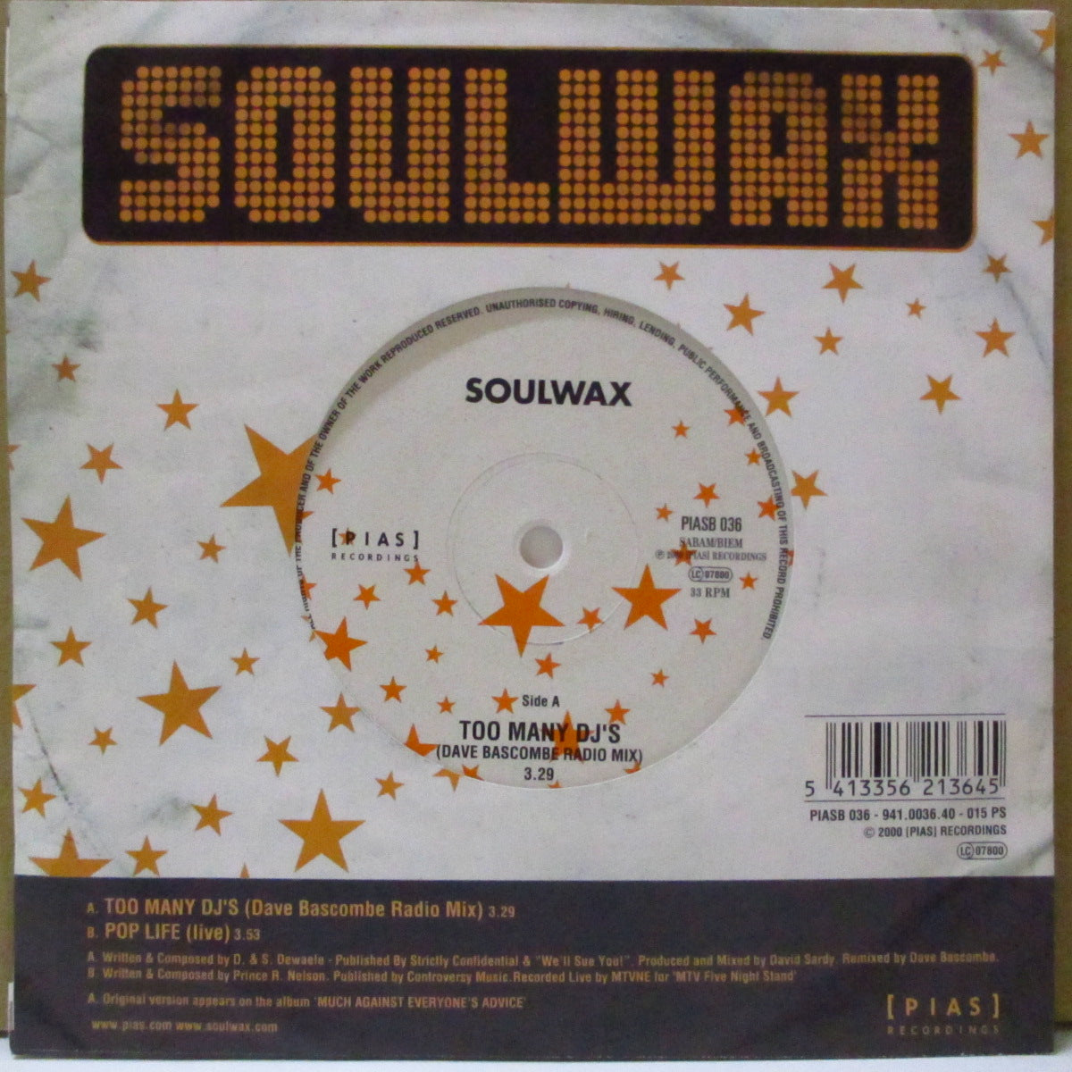 SOULWAX (ソウルワックス) - Too Many DJ's (UK 1,000枚限定ホワイトヴァイナル 7インチ/片面大カット光沢ソフト紙ジャケ) '00年シングル