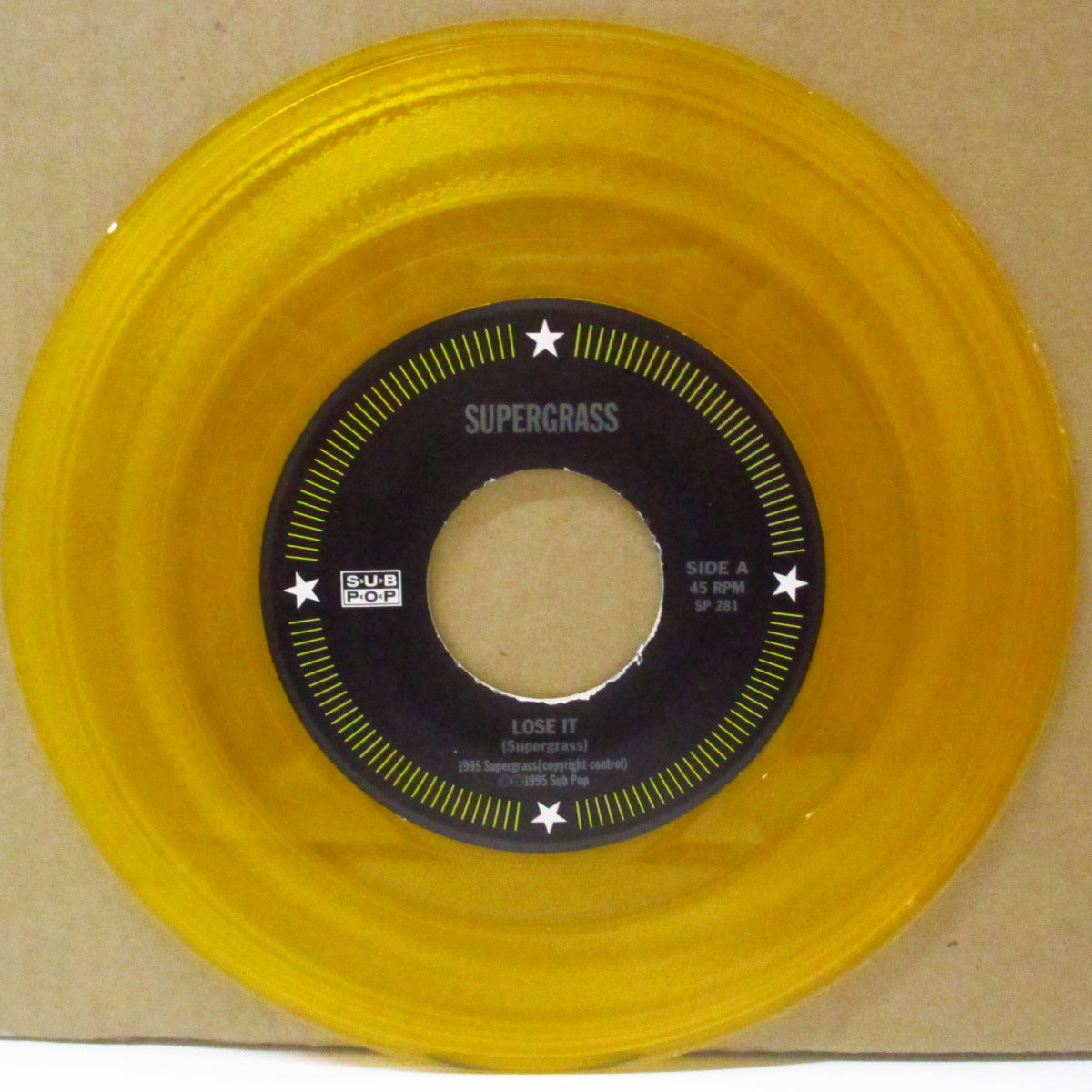 SUPERGRASS (スーパーグラス) - Lose It (US 2,500枚限定クリアイエローヴァイナル 7インチ+固紙ジャケ, ざら紙特殊ダイカットアウタースリーブ) '95年シングル