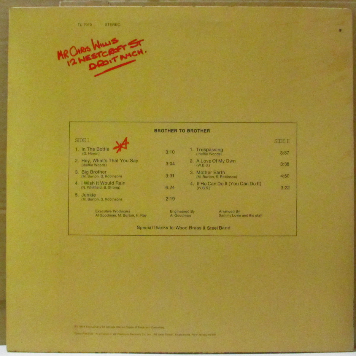 BROTHER TO BROTHER (ブラザー・トゥ・ブラザー) - In The Bottle (US '74 オリジナル・ステレオ LP) ギル・スコット・ヘロン「In The Bottle」の大ヒット・カヴァ他デビューアルバム。