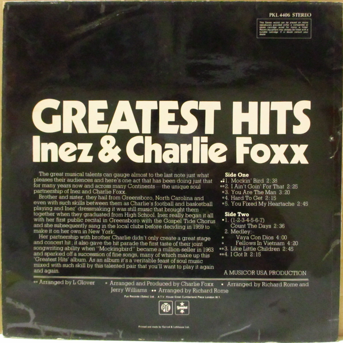 INEZ & CHARLIE FOXX (イネズ&チャーリー・フォックス) - Greatest Hits (UK '71 再発ステレオ LP/別ジャケデザインの表面コーティング・ジャケ) '66〜'69年音源ベスト