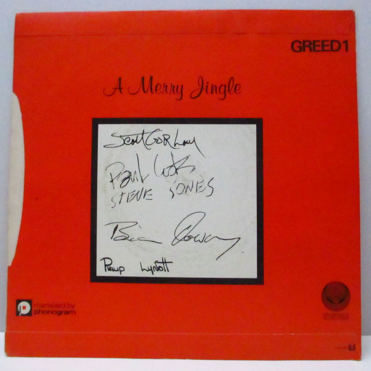 GREEDIES, THE (ザ・グリーディーズ) - A Merry Jingle (UK オリジナル「フラットセンター」7"/光沢ソフト紙折り返しジャケ) メンバー写真の周りに白枠が無い Ver!