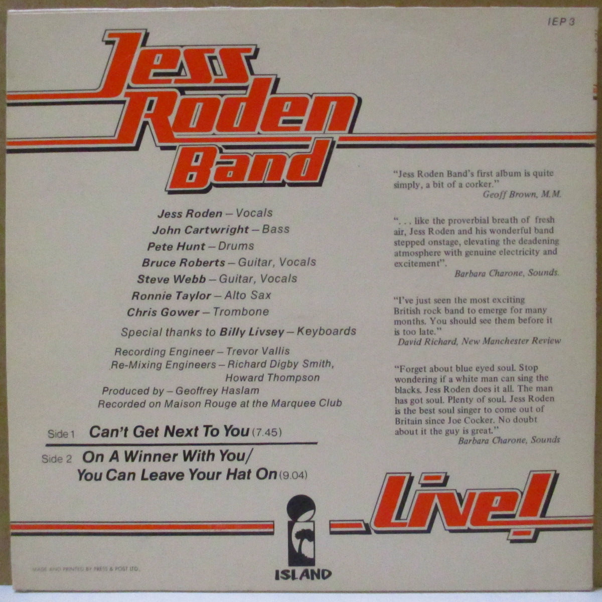 JESS RODEN BAND (ジェス・ローデン・バンド) - Live! (UK '76 オリジナル3曲入り 7インチ/光沢固紙ジャケ)