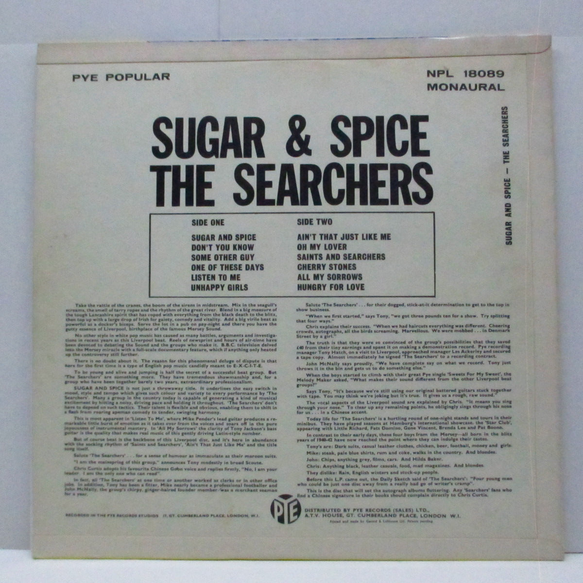 SEARCHERS (サーチャーズ) - Sugar & Spice (UK オリジナル「モノラル」LP/ 表面光沢三面折り返ジャケ) '63年セカンドアルバム!